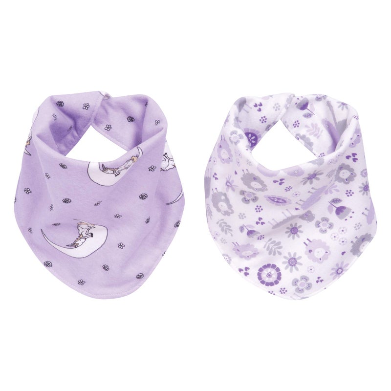 Trend Lab Llamas and Unicorns 2 Pack Reversible Flannel Bandana Bib Set-Unicorn/Dot, Llama/Plaid Prints, Purple, Gray, 100% Cotton Flannel, Snap Closure, 11.5 in x 11.5 in Each - Image 1